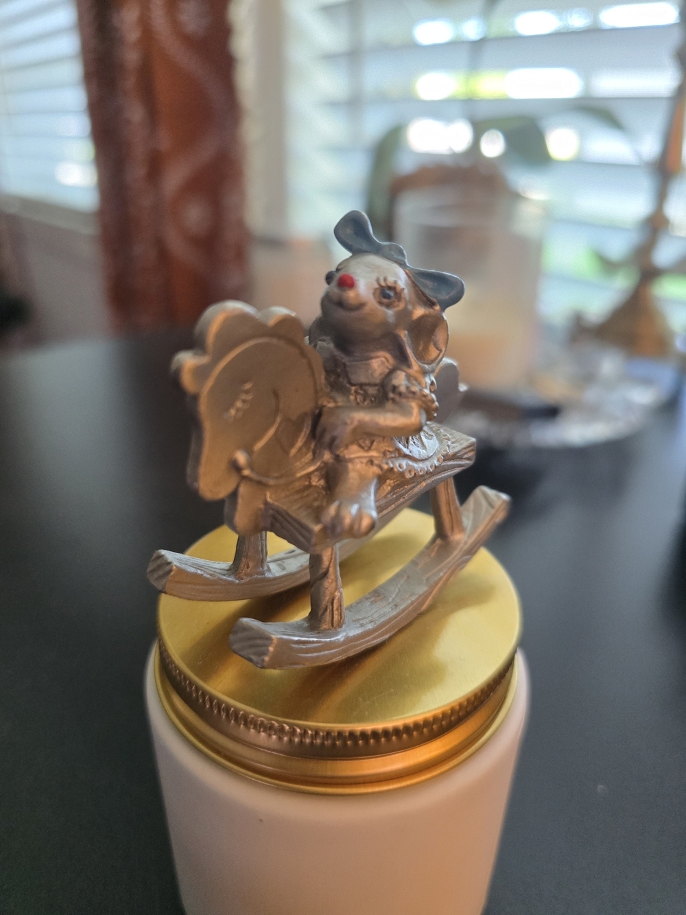 Vintage 1982 Hudson Fine Pewter miniature girl mouse on a rocking horse